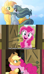 Size: 1024x1727 | Tagged: safe, artist:dreamscapevalley edits, derpibooru import, edit, edited screencap, screencap, applejack, braeburn, marble pie, pinkie pie, earth pony, pony, pinkie apple pie, braeble, caption, confused, female, hat, hug, implied marriage, male, mare, pinkie logic, shipper on deck, shipper pie, shipping, straight