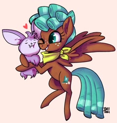 Size: 2567x2710 | Tagged: safe, artist:ohjeetorig, bloofy, spur, pegasus, pony, whirling mungtooth, growing up is hard to do, cute, duo, ear fluff, flying, freckles, heart, hug, neckerchief, official fan art, one eye closed, signature, simple background