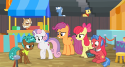 Size: 1600x862 | Tagged: safe, screencap, apple bloom, biscuit, scootaloo, spur, sweetie belle, growing up is hard to do, animation error, bleachers, box, chest, culinary art (character), cutie mark, cutie mark crusaders, dust cloud, missing wing, mr. food, neckerchief, older, older apple bloom, older cmc, older scootaloo, older sweetie belle, stool, table, the cmc's cutie marks, upset