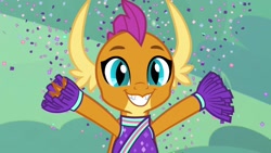 Size: 1920x1080 | Tagged: safe, screencap, smolder, dragon, 2 4 6 greaaat, cheerleader outfit, cheerleader smolder, claws, clothes, confetti, cute, dragoness, fangs, female, grin, hnnng, horns, pom pom, slit eyes, smiling, smolderbetes, solo, toothy grin, when she smiles