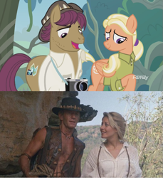 Size: 711x777 | Tagged: safe, screencap, mane allgood, snap shutter, pony, the last crusade, beige shirt, clothes, comparison, crocodile dundee, olive green shirt, photo, shirt, slouch hat, sue charlton, suspenders, white shirt