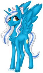 Size: 458x779 | Tagged: safe, artist:sychia, oc, oc:fleurbelle, alicorn, pony, alicorn oc, bow, chest fluff, cute, female, golden eyes, hair bow, mare, smiling