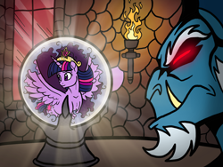 Size: 2048x1536 | Tagged: safe, artist:melspyrose, grogar, twilight sparkle, twilight sparkle (alicorn), alicorn, pony, big crown thingy, crystal ball, glowing eyes, grogar's orb, jewelry, red eyes, regalia