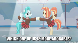 Size: 600x337 | Tagged: safe, edit, edited screencap, screencap, lighthoof, shimmy shake, earth pony, pony, 2 4 6 greaaat, caption, clothes, cute, female, image macro, lightorable, mare, meme, memeful.com, pleated skirt, ponytail, raised hoof, raised leg, shakeabetes, skirt, sweater, text