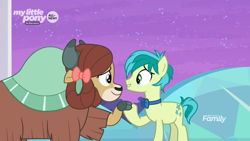Size: 1920x1080 | Tagged: safe, screencap, sandbar, yona, earth pony, pony, yak, she's all yak, bow, bowtie, cloven hooves, discovery family logo, duo, eye contact, female, hair bow, holding hooves, looking at each other, male, monkey swings, teenager, treehouse of harmony