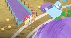 Size: 1600x862 | Tagged: safe, screencap, apple bloom, bloofy, scootaloo, sweetie belle, lamb, sheep, whirling mungtooth, growing up is hard to do, carpet, cutie mark, cutie mark crusaders, from above, older, older apple bloom, older cmc, older scootaloo, older sweetie belle, scared, stool, table, the cmc's cutie marks, tornado, twister, windy, worried