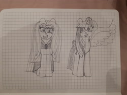 Size: 4608x3456 | Tagged: safe, artist:katya, twilight sparkle, twilight sparkle (alicorn), oc, oc:sparkle light, alicorn, pony, duo, graph paper, nervous, pencil drawing, traditional art