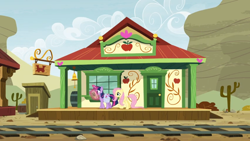 Size: 1600x900 | Tagged: safe, screencap, pony, growing up is hard to do, appleloosa, building, cactus, door, outhouse, train station, train tracks