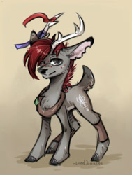 Size: 1280x1692 | Tagged: safe, artist:lonerdemiurge_nail, oc, oc:taped blade, deer, original species, anatomically incorrect, antlers, colored sketch, deer oc, fordeer, freckles, male, non-pony oc, ribbon, scar, sketch, solo