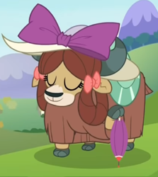 Size: 684x768 | Tagged: safe, screencap, yona, yak, she's all yak, bow, cloven hooves, cropped, cute, female, hair bow, hat, monkey swings, solo, sophisticated as hell, umbrella, yonadorable