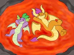 Size: 1280x960 | Tagged: safe, artist:thedoggygal, smolder, spike, dragon, dragoness, duo, eyes closed, female, lava bathing, lava pool, lounging, smiling, winged spike