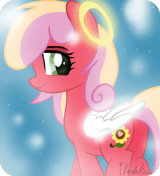 Size: 740x811 | Tagged: safe, artist:ipandacakes, oc, oc:gala blossom, angel, earth pony, pony, female, halo, mare, offspring, parent:big macintosh, parent:cheerilee, parents:cheerimac, plot, shy, solo