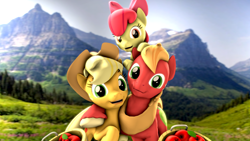 Size: 3840x2160 | Tagged: safe, artist:apexpredator923, derpibooru import, apple bloom, applejack, big macintosh, earth pony, pony, 3d, 4k, apple, apple siblings, food, looking at you, mountain, scenery, siblings, source filmmaker