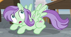 Size: 721x380 | Tagged: safe, screencap, violet twirl, pegasus, pony, a horse shoe-in, background pony, cowering, cropped, female, friendship student, looking up, mare, solo