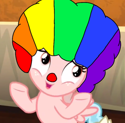 Size: 642x632 | Tagged: safe, cozy glow, pegasus, pony, the beginning of the end, afro, clown, clown nose, clowny glow, honk honk, honkler, meme, red nose, shrug