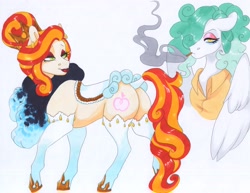 Size: 3835x2954 | Tagged: safe, artist:frozensoulpony, oc, oc:jade luck, oc:little lady, earth pony, pegasus, pony, adopted offspring, butt, cigarette, clothes, female, high res, mare, offspring, parent:applejack, parent:flim, parent:rarity, parents:flimjack, plot, saddle, shirt, socks, tack, traditional art