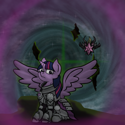 Size: 2000x2000 | Tagged: safe, artist:devorierdeos, twilight sparkle, twilight sparkle (alicorn), alicorn, pony, abyss, alternate hairstyle, alternate universe, armor, high res, space, spread wings, stars, wings