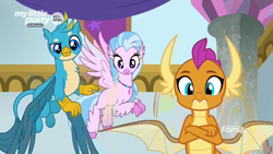 Size: 1280x720 | Tagged: safe, screencap, gallus, silverstream, smolder, she's all yak, cute, diastreamies, gallabetes, looking down, smolderbetes, trio