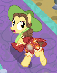 Size: 196x249 | Tagged: safe, screencap, earth pony, pony, growing up is hard to do, background pony, clothes, cropped, dress, female, hat, hoof gloves, mare, may fair, technically an upskirt shot, underwear