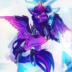 Size: 657x657 | Tagged: source needed, safe, artist:syntactics, twilight sparkle, twilight sparkle (alicorn), alicorn, pony, armor, flying, glowing horn, horn, rearing, solo, wings