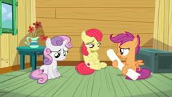 Size: 1280x720 | Tagged: safe, edit, edited screencap, editor:slayerbvc, screencap, apple bloom, scootaloo, sweetie belle, earth pony, pegasus, pony, unicorn, the fault in our cutie marks, accessory-less edit, clubhouse, crusaders clubhouse, cutie mark, cutie mark crusaders, depressed, female, filly, missing accessory, sad, sitting, the cmc's cutie marks