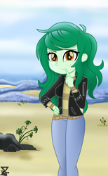 Size: 1500x2442 | Tagged: safe, artist:theretroart88, wallflower blush, better together, equestria girls, beach, clothes, cute, female, flowerbetes, jacket, leather jacket, looking at you, messy hair, ocean, plant, rock, sand, sky, smiling, smiling at you, water