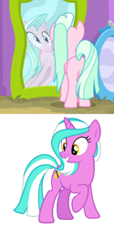 Size: 750x1500 | Tagged: safe, artist:pegasski, edit, edited screencap, screencap, tender brush, winter lotus, oc, oc:mane event, earth pony, pony, unicorn, growing up is hard to do, female, mare, mirror, reflection