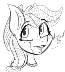 Size: 1000x1100 | Tagged: safe, artist:lil miss jay, derpibooru import, applejack, anthro, apple, applejack's hat, bust, cowboy hat, female, freckles, hat, monochrome, sketch, smiling, solo, that pony sure does love apples, tooth gap