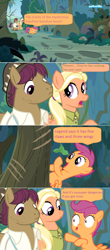 Size: 1358x3080 | Tagged: safe, edit, edited screencap, screencap, mane allgood, scootaloo, snap shutter, pony, the last crusade, cartoonito logo, comic, dialogue, everfree forest, faic, footprint, leaves, scootaloo's parents, scratches, screencap comic, speech bubble, tracks, tree