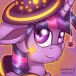 Size: 3000x3000 | Tagged: safe, artist:shad0w-galaxy, twilight sparkle, twilight sparkle (alicorn), alicorn, pony, spider, clothes, costume, fluffy, halloween, halloween costume, hat, high res, holiday, nightmare night, nightmare night costume, patreon, patreon logo, smiling, solo, witch hat