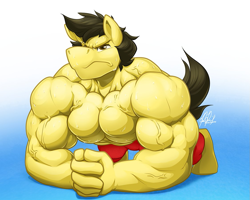 Size: 1125x900 | Tagged: safe, artist:ponyanony, oc, oc only, anthro, earth pony, unguligrade anthro, anthro oc, biceps, bodybuilder, clasped hands, clothes, deltoids, looking at you, male, muscles, pecs, shorts, solo, stallion, sweat, triceps, vein