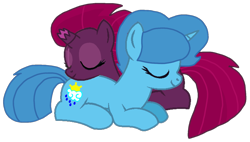 Size: 1498x849 | Tagged: safe, artist:徐詩珮, fizzlepop berrytwist, spring rain, tempest shadow, pony, unicorn, base used, broken horn, female, horn, lesbian, mare, shipping, simple background, sleeping, springshadow, transparent background