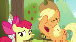 Size: 1280x720 | Tagged: safe, derpibooru import, screencap, apple bloom, applejack, earth pony, pony, going to seed, apple, apple tree, facehoof, tree