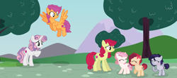 Size: 3280x1452 | Tagged: safe, artist:spectrumnightyt, apple bloom, scootaloo, sweetie belle, oc, oc:apple dance, oc:beauty spirit, oc:speed stroke, earth pony, pegasus, pony, unicorn, bandaid, base used, cutie mark crusaders, female, filly, flying, high res, offspring, older, parent:apple bloom, parent:button mash, parent:rumble, parent:scootaloo, parent:sweetie belle, parent:tender taps, parents:rumbloo, parents:sweetiemash, parents:tenderbloom, scootaloo can fly
