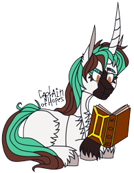 Size: 1918x2463 | Tagged: safe, artist:captainofhopes, oc, pony, unicorn, book, curved horn, horn, long horn, reading, signature, simple background, sitting, solo, transparent background