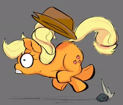 Size: 1922x1636 | Tagged: safe, artist:noupu, derpibooru import, applejack, earth pony, pony, cowboy hat, female, gray background, hat, mare, rock, simple background, this will end in pain, tripping