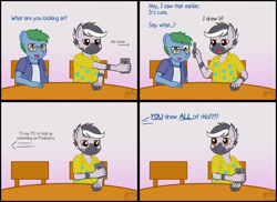 Size: 1528x1114 | Tagged: safe, artist:phallen1, oc, oc only, oc:fetchbeer, oc:software patch, anthro, zebra, atg 2019, based on a true story, cellphone, comic, glasses, newbie artist training grounds, phone, sitting, smartphone, table, zebra oc