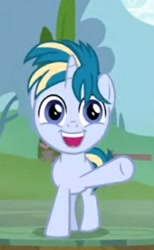 Size: 323x523 | Tagged: safe, screencap, skeedaddle, pony, unicorn, the last crusade, colt, cropped, cute, happy, hooves, male, skeedabetes, smiling, solo, waving