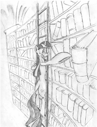 Size: 628x823 | Tagged: safe, artist:sonicontinuum, twilight sparkle, pony, black and white, book, grayscale, ladder, library, monochrome, traditional art