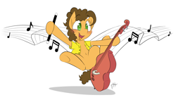 Size: 3000x1700 | Tagged: safe, artist:fakskis, cheese sandwich, earth pony, pony, belly button, bow (instrument), cello, cello bow, clothes, commission, music notes, musical instrument, riding, simple background, solo, vest, white background