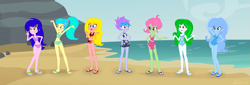 Size: 2491x842 | Tagged: safe, artist:lumi-infinite64, artist:rainbow15s, artist:selenaede, oc, oc only, oc:fire jewel, equestria girls, base used, beach, bikini, clothes, feet, flip-flops, ocean, sand, sandals, shoes, summer, swimsuit, water