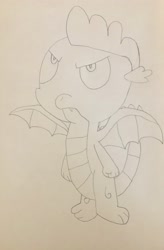 Size: 2612x3991 | Tagged: safe, artist:undeadponysoldier, spike, dragon, molt down, angry, drawn with reference, fist, looking up, male, pencil drawing, simple background, solo, spread wings, traditional art, winged spike, wings