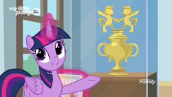 Size: 1280x720 | Tagged: safe, screencap, twilight sparkle, twilight sparkle (alicorn), alicorn, pony, she's all yak, adorkable, cute, dork, female, folded wings, glowing horn, horn, magic, mare, raised hoof, smiling, solo, trophy, wings