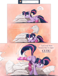 Size: 2000x2611 | Tagged: dead source, safe, artist:ncmares, edit, twilight sparkle, twilight sparkle (alicorn), alicorn, pony, alternate hairstyle, ask, ask majesty incarnate, badass, badass adorable, bucking, clothes, comic, cute, female, floppy ears, frown, glare, gritted teeth, kicking, mare, ncmares is trying to murder us, pillow, pillow fight, ponytail, prone, smiling, smirk, socks, striped socks, truth, tumblr, twiabetes, wide eyes