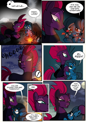 Size: 2480x3508 | Tagged: safe, artist:dsana, fizzlepop berrytwist, tempest shadow, oc, oc:lullaby dusk, pegasus, pony, unicorn, comic:a storm's lullaby, campfire, comic, heterochromia