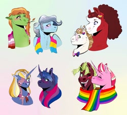 Size: 1280x1157 | Tagged: safe, artist:vindhov, oc, oc only, oc:black twig apple, oc:marigold twinkle, oc:moxie fizzlepop, oc:petit choux, oc:red velvet, oc:riposte, oc:silver lining, oc:snap apple, earth pony, pegasus, pony, unicorn, bust, clothes, female, gay, gradient background, kiss on the cheek, kissing, lesbian, magical lesbian spawn, male, mare, missing eye, oc x oc, offspring, offspring shipping, pansexual, parent:applejack, parent:big macintosh, parent:cheerilee, parent:donut joe, parent:pinkie pie, parent:princess cadance, parent:rainbow dash, parent:rarity, parent:shining armor, parent:soarin', parent:sunburst, parent:tempest shadow, parent:trixie, parent:trouble shoes, parent:twilight sparkle, parent:wind rider, parents:cheerimac, parents:rarijoe, parents:shiningcadance, parents:soarinjack, parents:tempestrix, parents:trouble pie, parents:twiburst, parents:windash, pride, pride flag, scar, scarf, scarred, shipping, stallion, straw in mouth