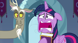 Size: 2000x1119 | Tagged: safe, screencap, discord, twilight sparkle, twilight sparkle (alicorn), alicorn, draconequus, pony, the beginning of the end, book, duo, faic, female, floppy ears, friendship journal, male, mare, panicking, sideways glance, twilighting