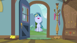 Size: 1920x1080 | Tagged: safe, screencap, skeedaddle, pony, unicorn, the last crusade, boots, clothes, coat rack, door, excited, happy, leaping, scootaloo's house, shoes, solo, wardrobe