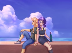 Size: 1966x1450 | Tagged: safe, artist:dumddeer, applejack, rarity, equestria girls, alcohol, cloud, female, lesbian, rarijack, shipping, wine