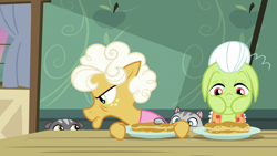 Size: 1280x720 | Tagged: safe, screencap, goldie delicious, granny smith, cat, going to seed, cat stealing food